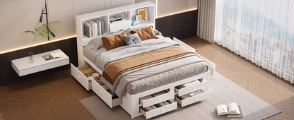 King Size Platform Bed with Storage Headboard and 8 Drawers, White