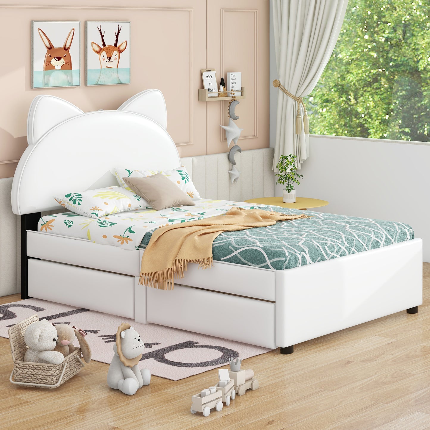 Twin Size Upholstered Platform Bed with Cartoon Ears Shaped Headboard and 2 Drawers, White