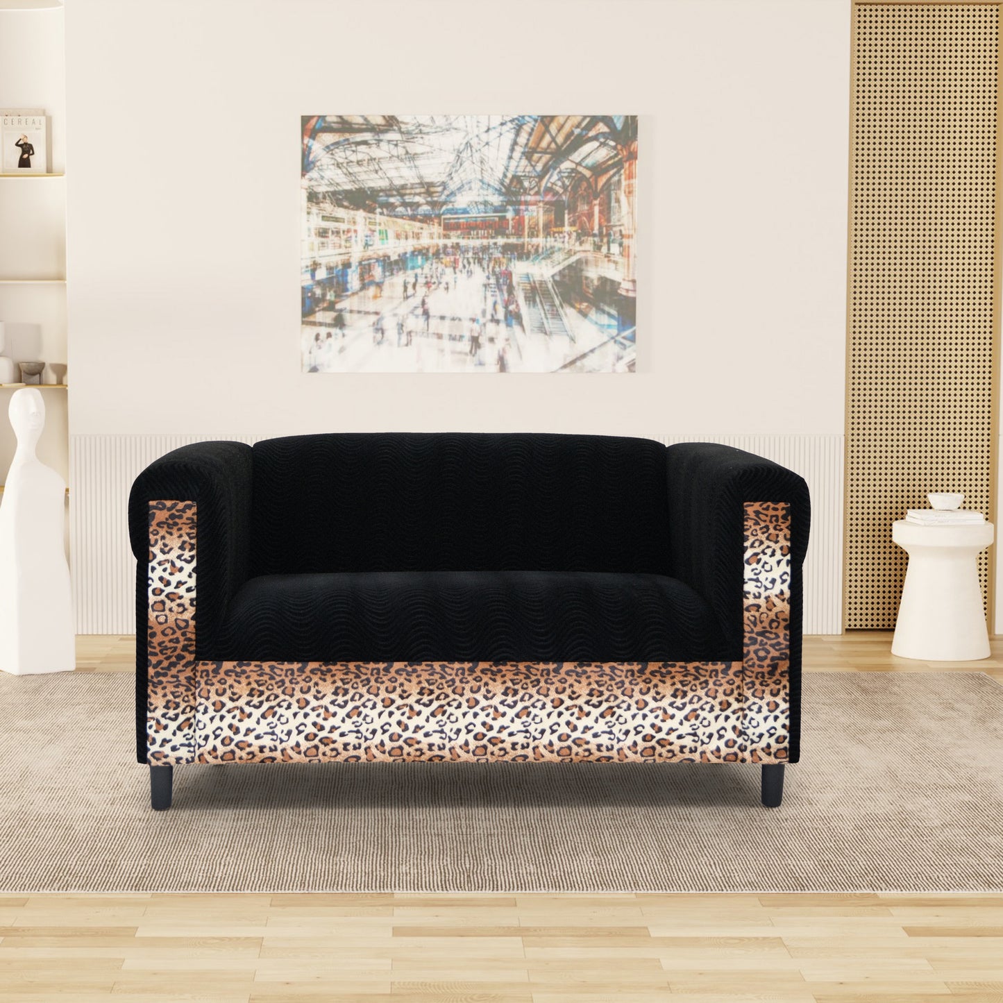 Black Velvet Loveseat Sofa for Living Room with Leopard Print, Modern Décor Love Seat Mini Small Couches for Small Spaces and Bedroom with Solid Wood Frame