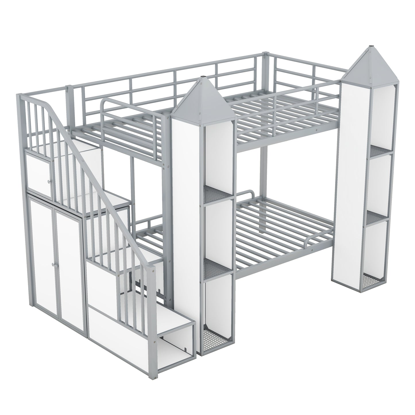 Twin over Twin Castle Shaped Bunk Bed with Wardrobe and Multiple Storage, Grey and White