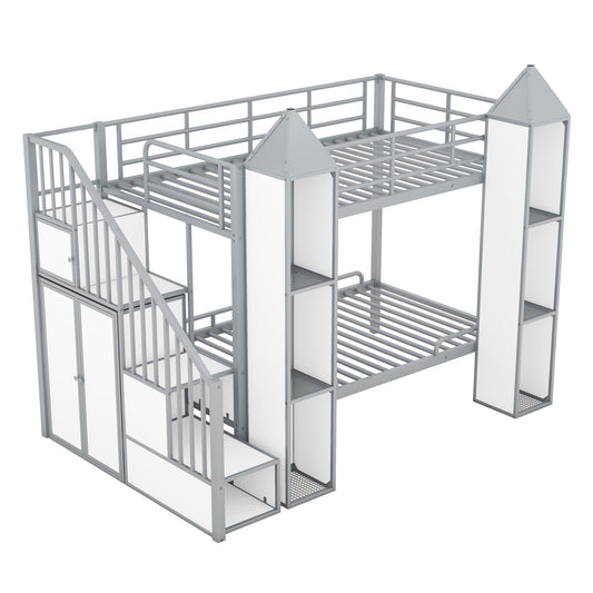 Twin over Twin Castle Shaped Bunk Bed with Wardrobe and Multiple Storage, Grey and White