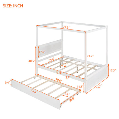 Wood Canopy Bed with Trundle Bed ,Full Size Canopy Platform bed With  Support Slats .No Box Spring Needed, Brushed White