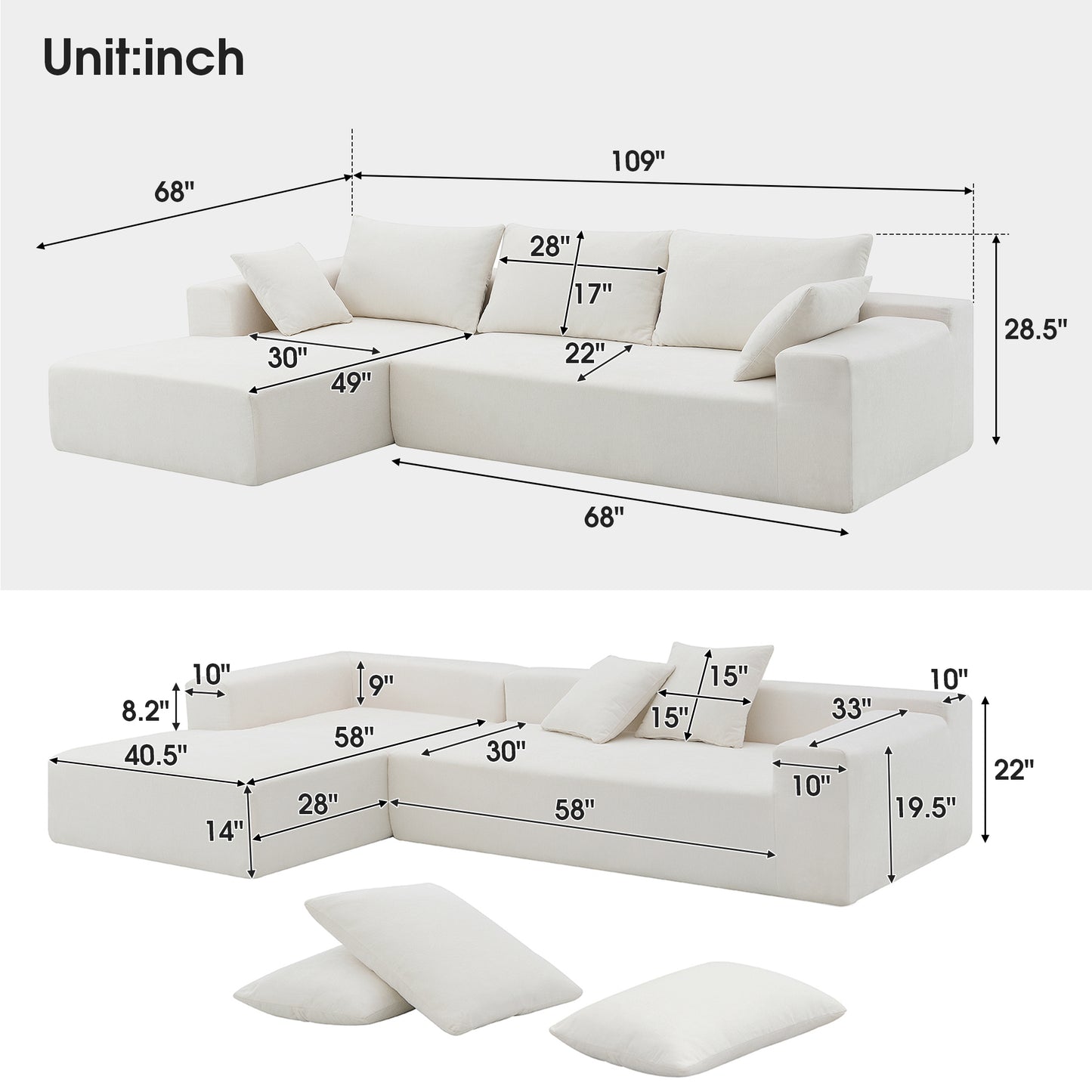 109*68" Modular Sectional Living Room Sofa Set, Modern Minimalist Style Couch, Upholstered Compressed Sofa for Living Room, Bedroom, Salon, 2 PC Free Combination, L-Shape, Cream