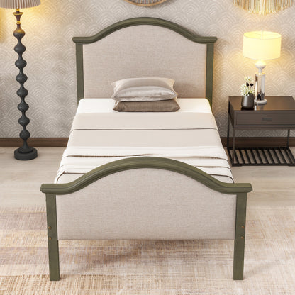 Twin Size Bed Frame with Headboard and Footboard, Upholstered Twin Platform Bed with Strong Wooden Slats Support,Grey