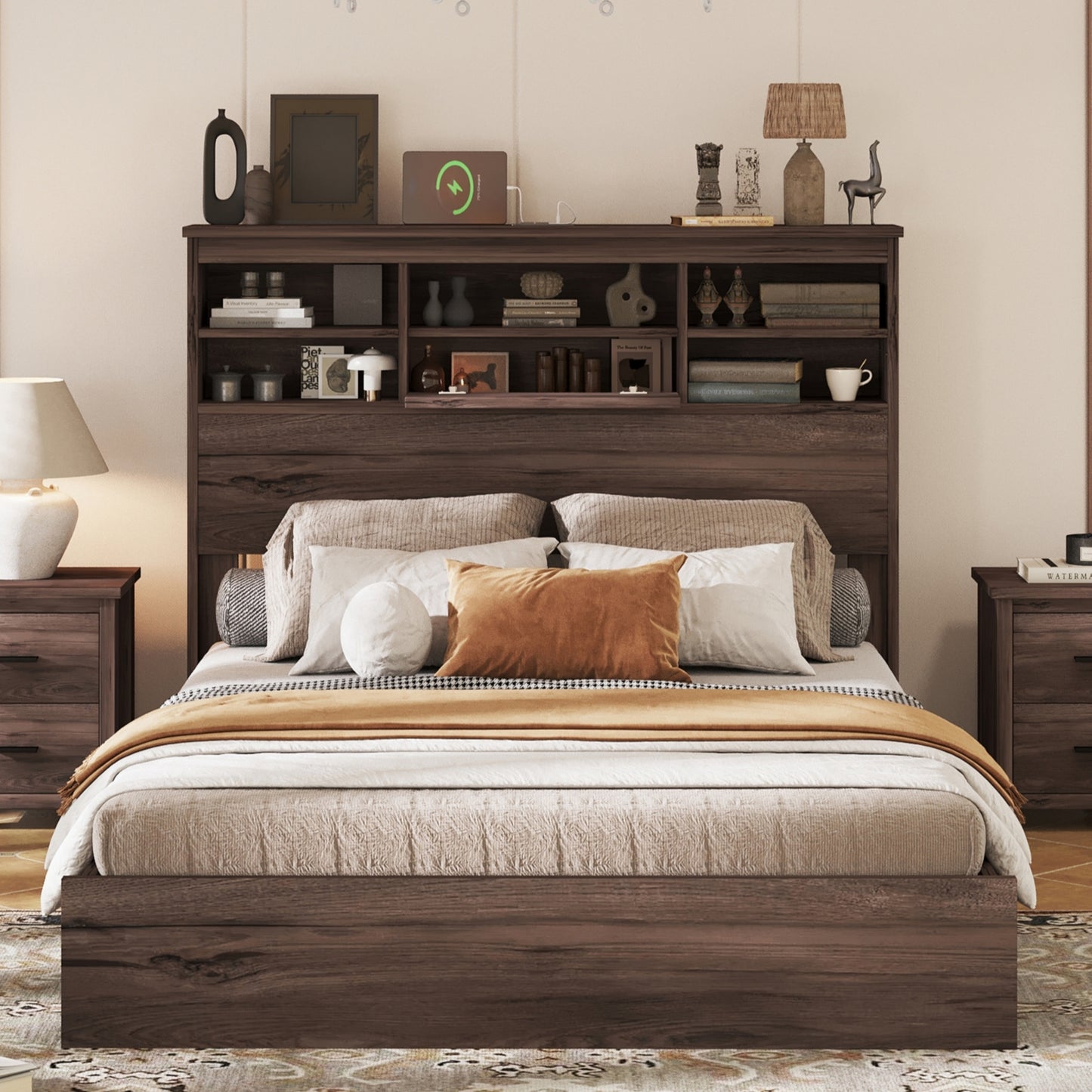 Queen Size Wooden Platform Bed with Storage Headboard,American Country Style Bed with USB Charging Ports,Dark Walnut