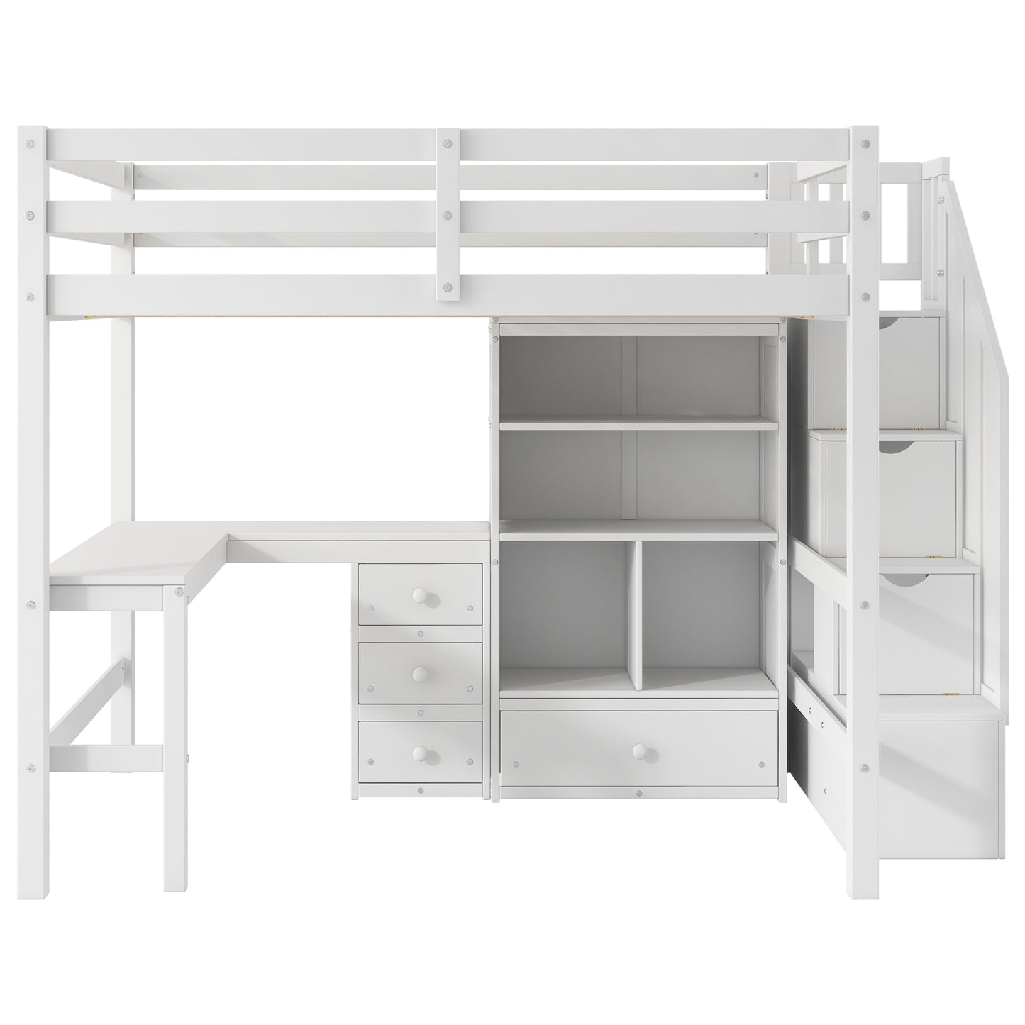White Full Size Loft Bed with L-Shaped Desk, Drawers, Cabinet, and Storage Staircase, Pine Wood and MDF, 94.4''L x 57.4''W x 67.5''H