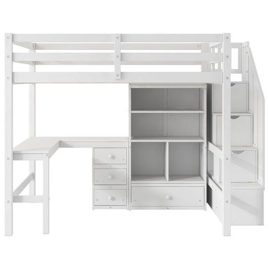 White Full Size Loft Bed with L-Shaped Desk, Drawers, Cabinet, and Storage Staircase, Pine Wood and MDF, 94.4''L x 57.4''W x 67.5''H