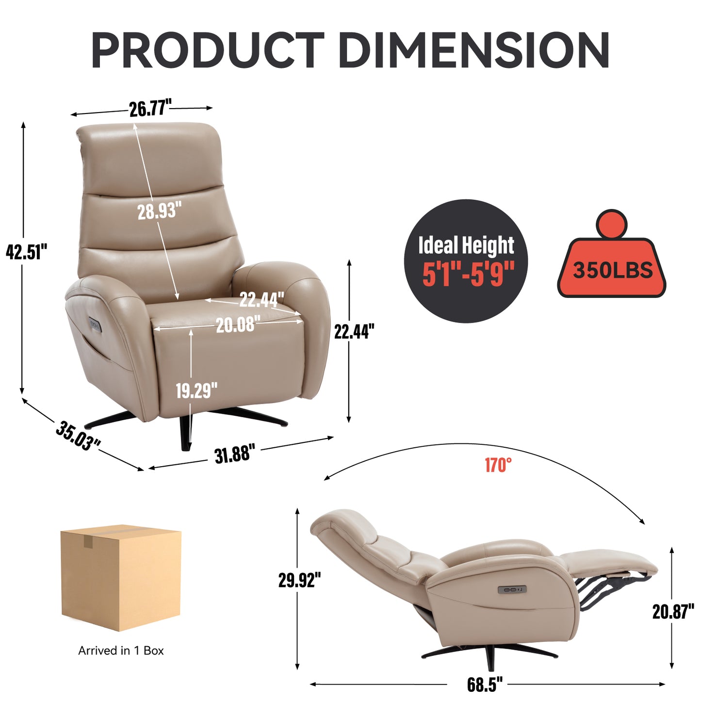 Khaki Leatheraire Dual Motor 270° Swivel Power Recliner Chair With Heavy Duty Motion Mechanism, USB and Type-C Charging Ports