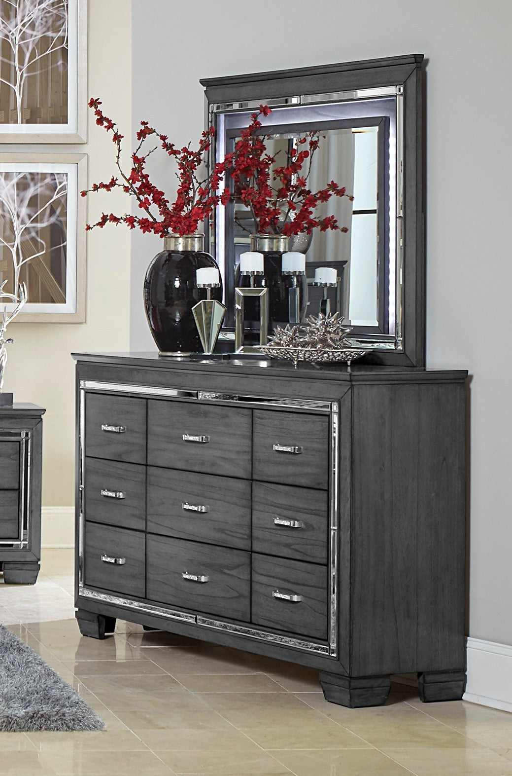 Modern Glam Bedroom Furniture 1pc Dresser of 9 Drawers Gray Finish Beveled Mirror Trim Faux Crystal Drawers Pulls