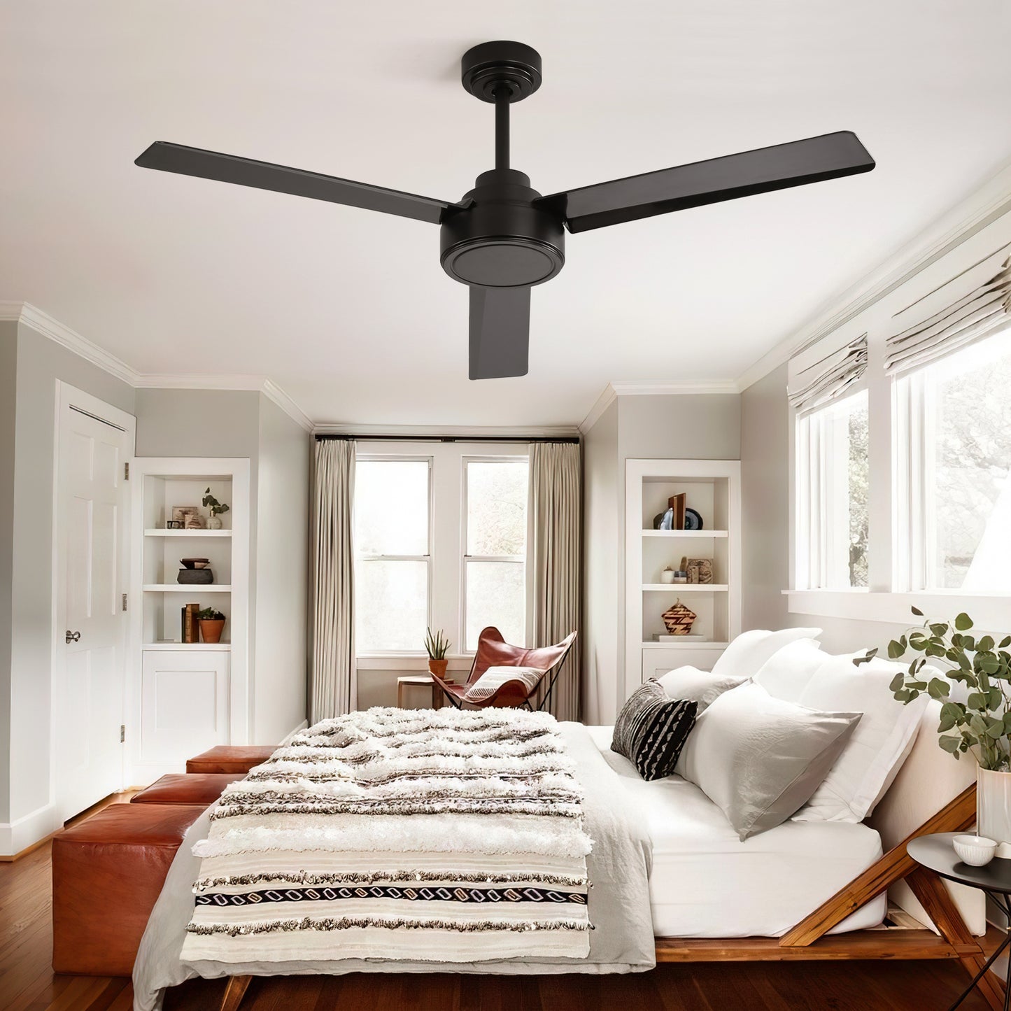 52" Outdoor Ceiling Fan Without Light, 3 ABS Blades Farmhouse Ceiling Fan with Remote Control 6-speed Reversible DC Motor Black for Living Room, Bedroom, Kitchen