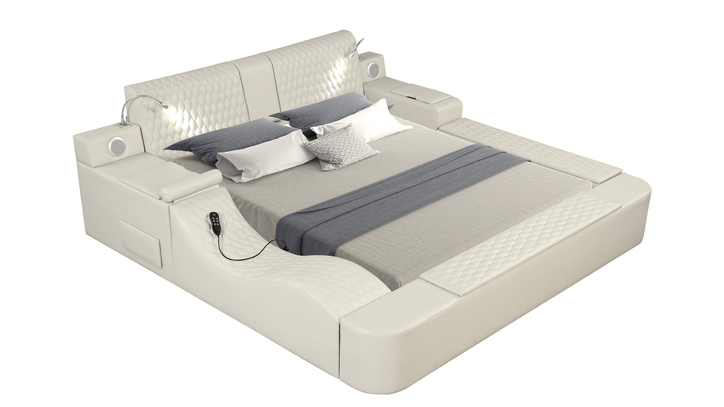 Smart Multifunctional King Size Bed Made with Wood in Beige