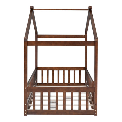 Twin Size Wood Bed House Bed Frame with Fence, for Kids, Teens, Girls, Boys, Walnut