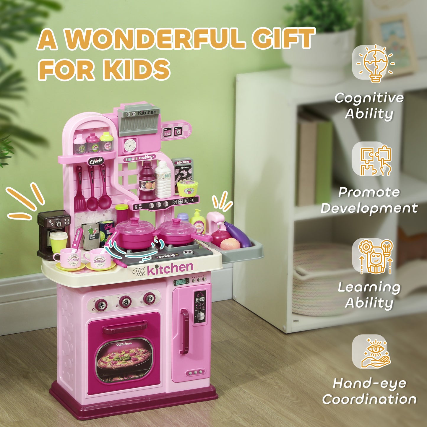 Qaba Play Kitchen, Kids Kitchen Playset Toy Kitchen with Lights, Sounds, 33 Accessories, Storage, Interactive Playset for Toddler 3-6 Years, Pink