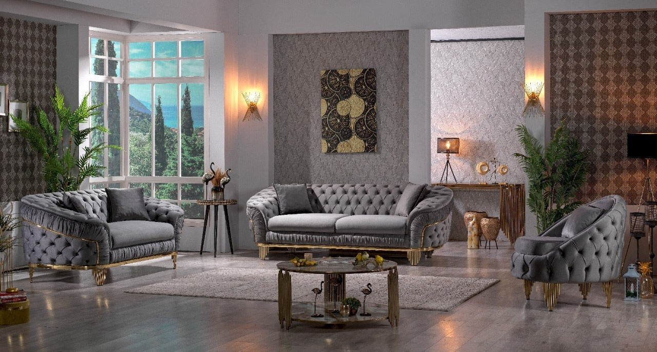 Vanessa Sofa in Grey and Gold with Fabric button-tufted velvet upholstery Finish