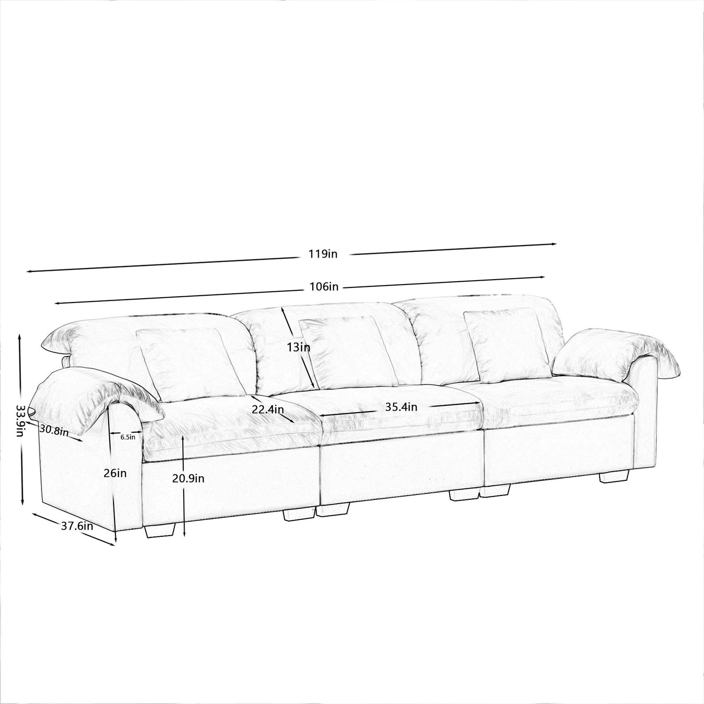 Extra Large 3 - Seat Modern Velvet Sofa With Storage Function Under Each Seat, Oversize Sofa Clould Like Deep Seat Couch with Comfortable Seat and Back Support, 3 Seater Sofa with Fluffy Armrest Pillo