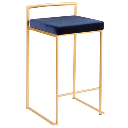 Fuji Contemporary-Glam Stackable Counter Stool in Gold with Blue Velvet Cushion by LumiSource - Set of 2