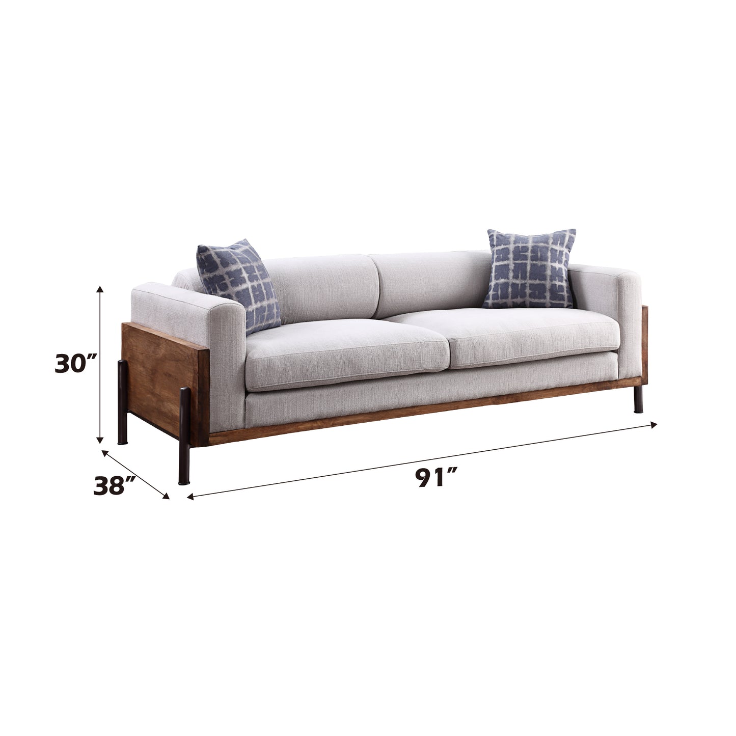 Pelton Fabric & Walnut Finish Sofa w/ 2 Toss Pillows