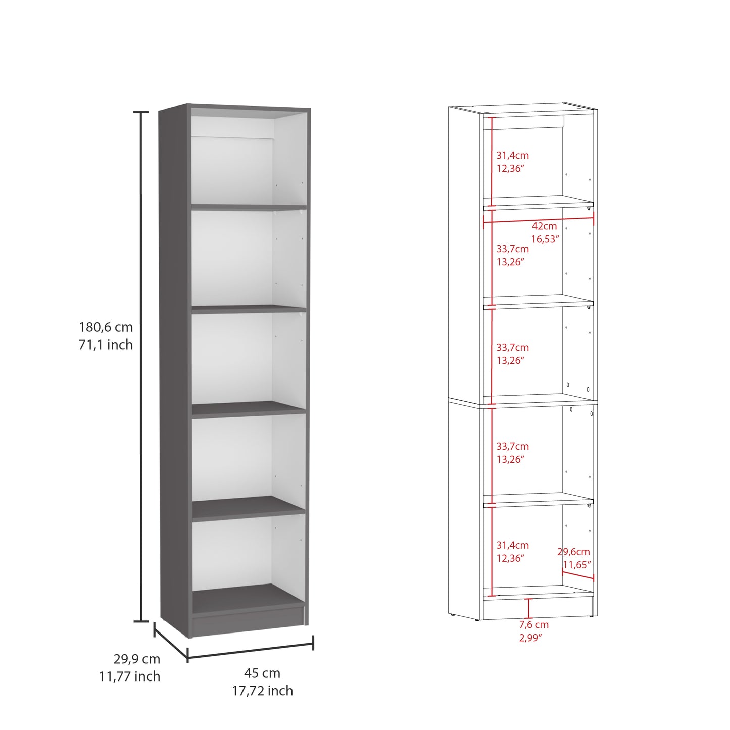 Home Xs Bookcase with 5-Tier Shelves and Slim Design -Matt Gray / White -Office