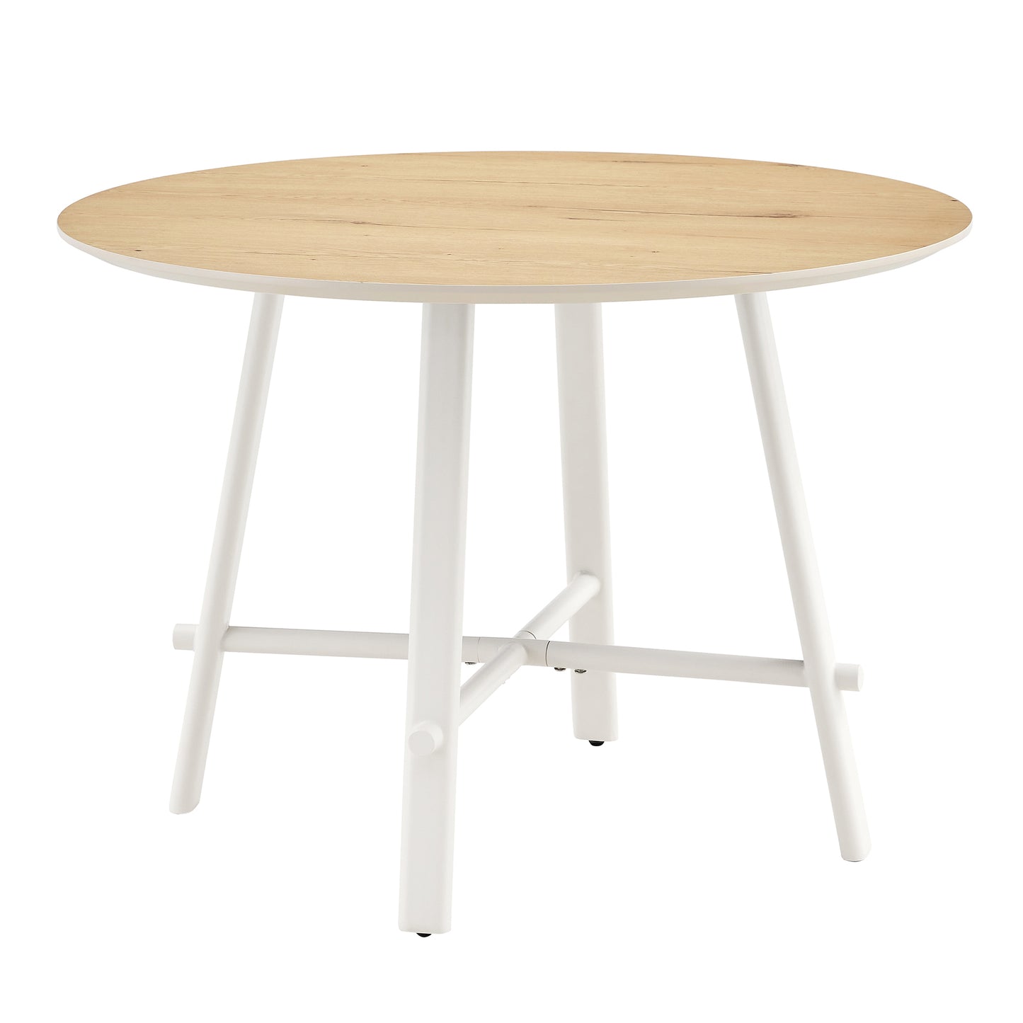 A modern and minimalist circular dining table with a 42 inch diameter wood colorer patterned tabletop and white metal legs. Suitable for restaurants, living rooms, and conference rooms.