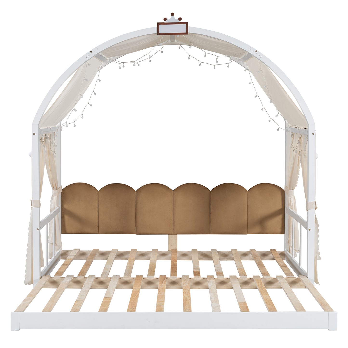 Twin Size Extended Bed With Arched Roof and Trundle, White