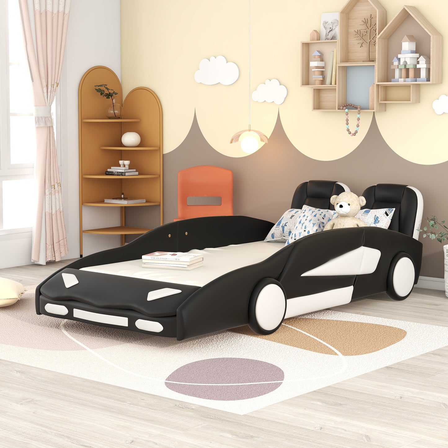 Twin Size Race Car-Shaped Platform Bed with Wheels, Black