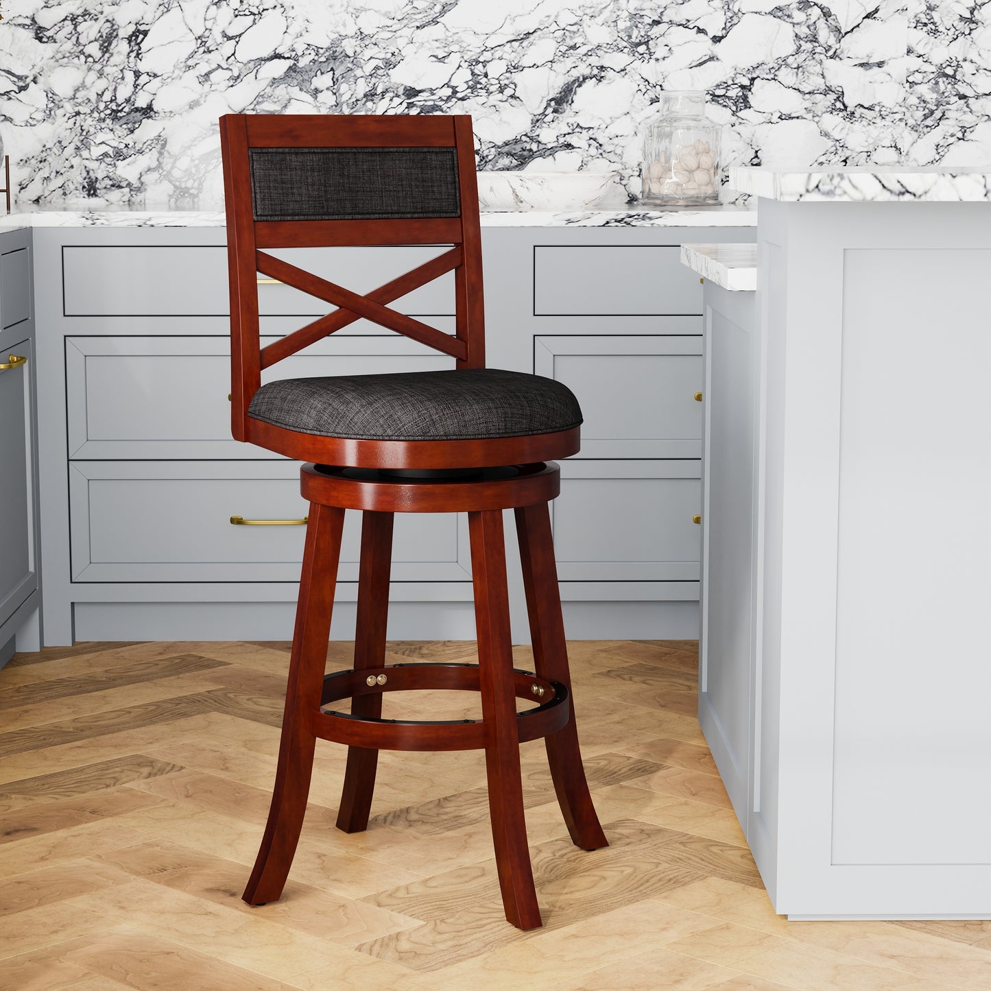 30" Bar Height X-Back Swivel Stool, Stool, Cherry Finish, Charcoal Fabric Seat