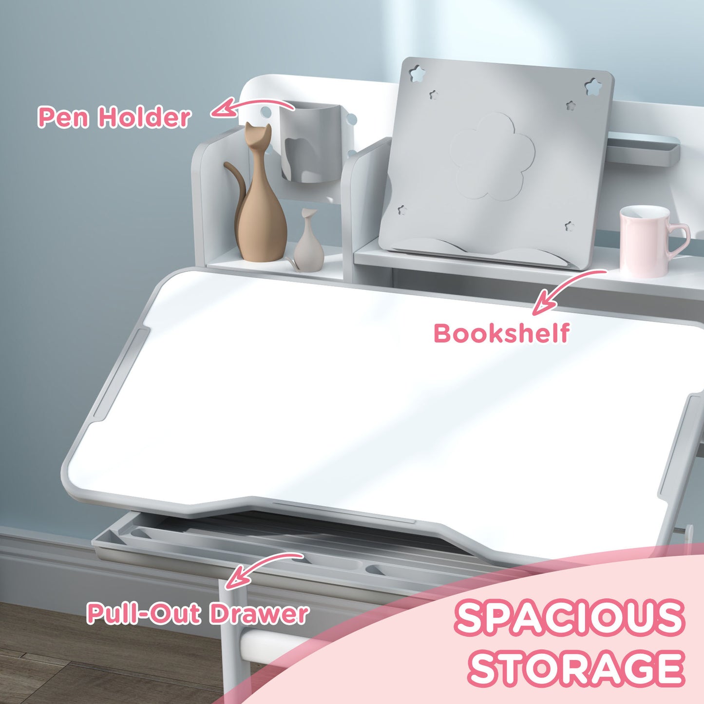 Qaba Kids Desk and Chair Set, Height Adjustable Kids School Study Desk and Chair Set with Tilt Desktop, Storage Drawer and Reading Rack for Writing, Reading and Drawing, Gray