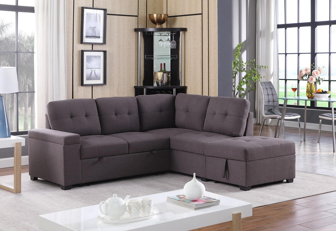 Katie 87.75" Brown Linen Sleeper Sectional Sofa with Storage Ottoman, Storage Arm