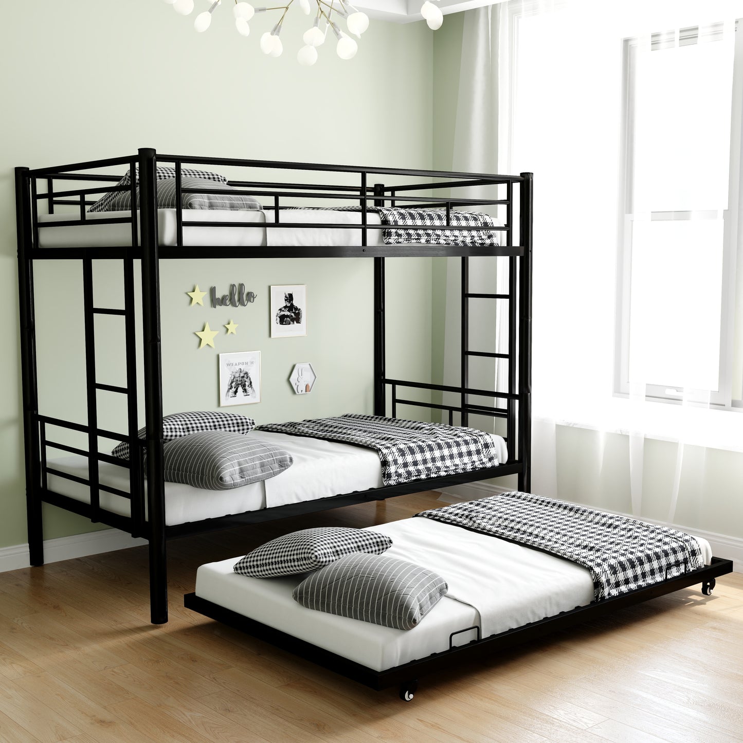 Heavy-duty Sturdy Meta Twin over Twin Bunk Bed/l/ Noise Reduced/ Safety Guardrail/No Box Spring Needed,Black