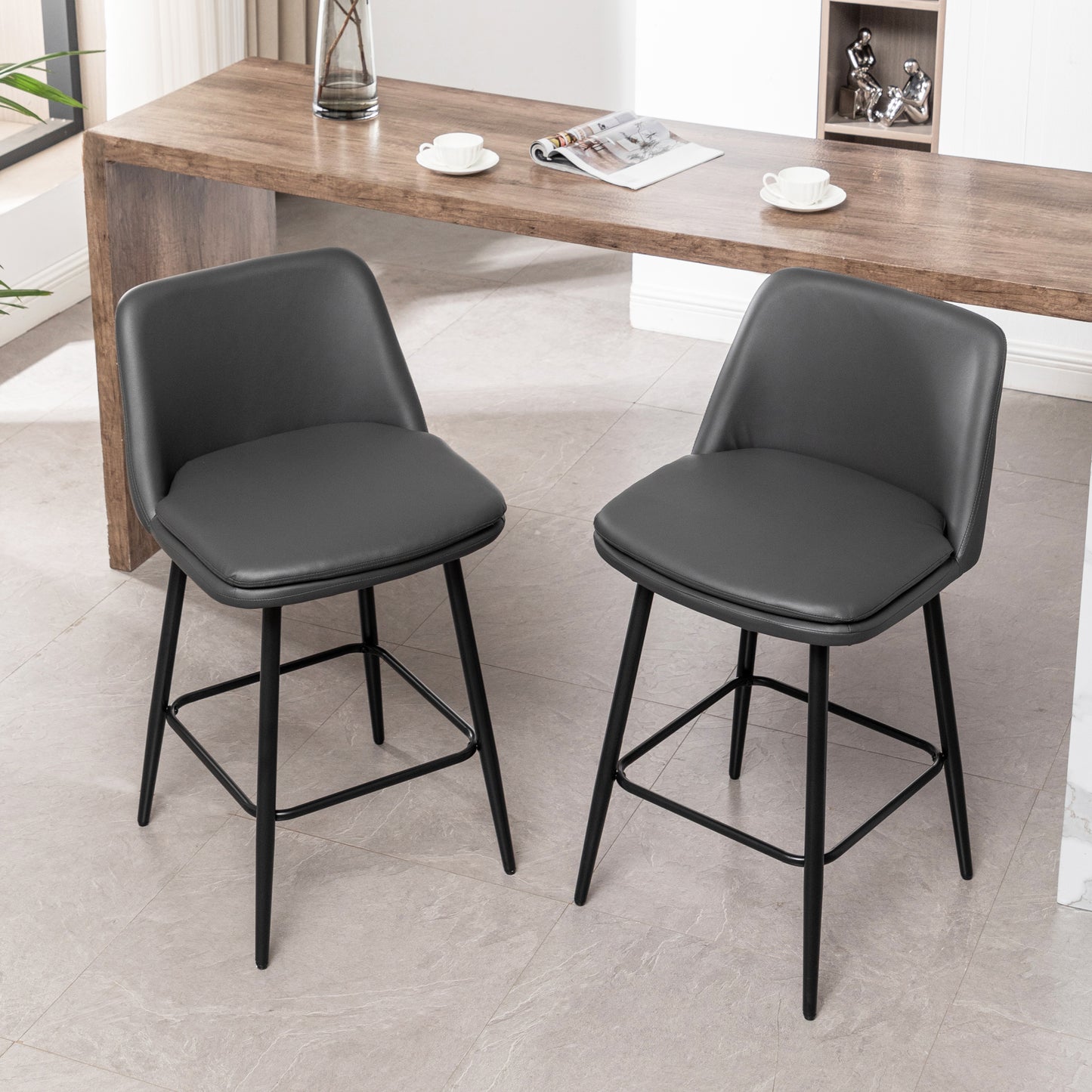 Counter Height Swivel Bar Stools Set of 2, 360° Swivel Upholstered Barstools with Back and Metal Legs, 25.6" Seat Height,Counter Stools for Kitchen Island and Pub,Faux Leather,Grey