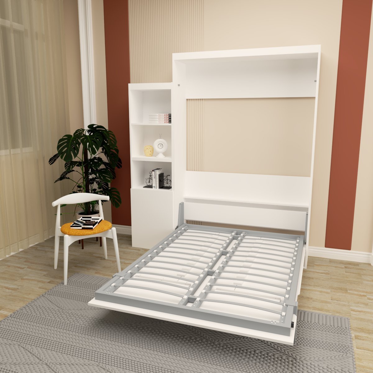 Queen  Size Morden Deisgn Big Size Vertical Murphy Bed with table and shelf  for Bedroom or Guestroom White Wall Bed Space Saving Hidden Bed with New Style Gas Struts