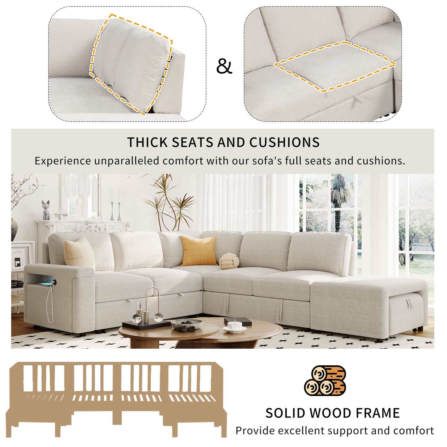 U_STYLE  L-shaped Padded Modular Sofa with Storage Space, USB Ports, and Cup Holders on the Armrests, Suitable for Living Rooms, Offices, and Apartments.