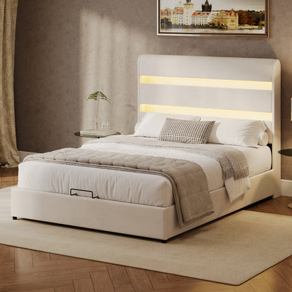 Upholstered Platform Full Size Hydraulic Storage Bed, Lift Up Storage Bed with RGB LED Light Headboard, No Box Spring Needed,Velvet,Beige