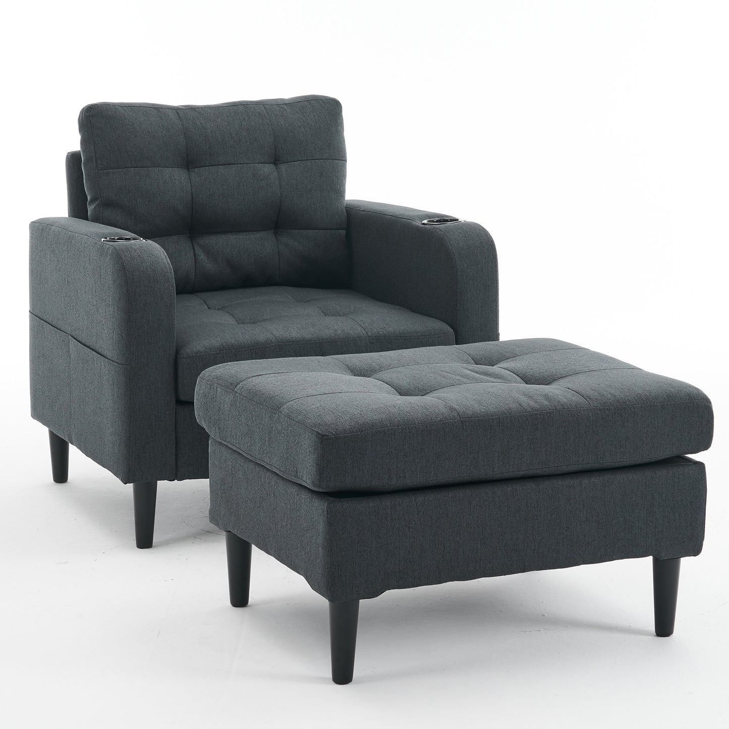 Dark Gray Upholstered Armchair and Storage Ottoman Set - Comfortable Single Sofa with Cup Holders and Tufted Detailing, Ideal for Living Room or Bedroom