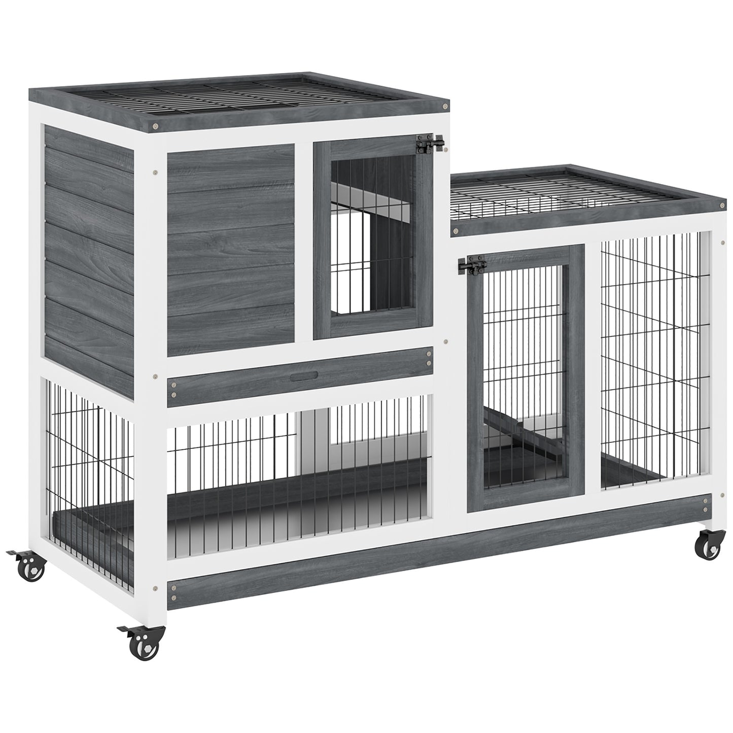 PawHut Wooden Rabbit Hutch Elevated Bunny Cage Indoor Small Animal Habitat with Enclosed Run with Wheels, Ramp, Removable Tray Ideal for Guinea Pigs, Grey