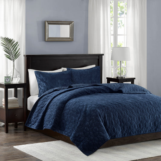 3 Piece Velvet Quilt Set Navy King/Cal King