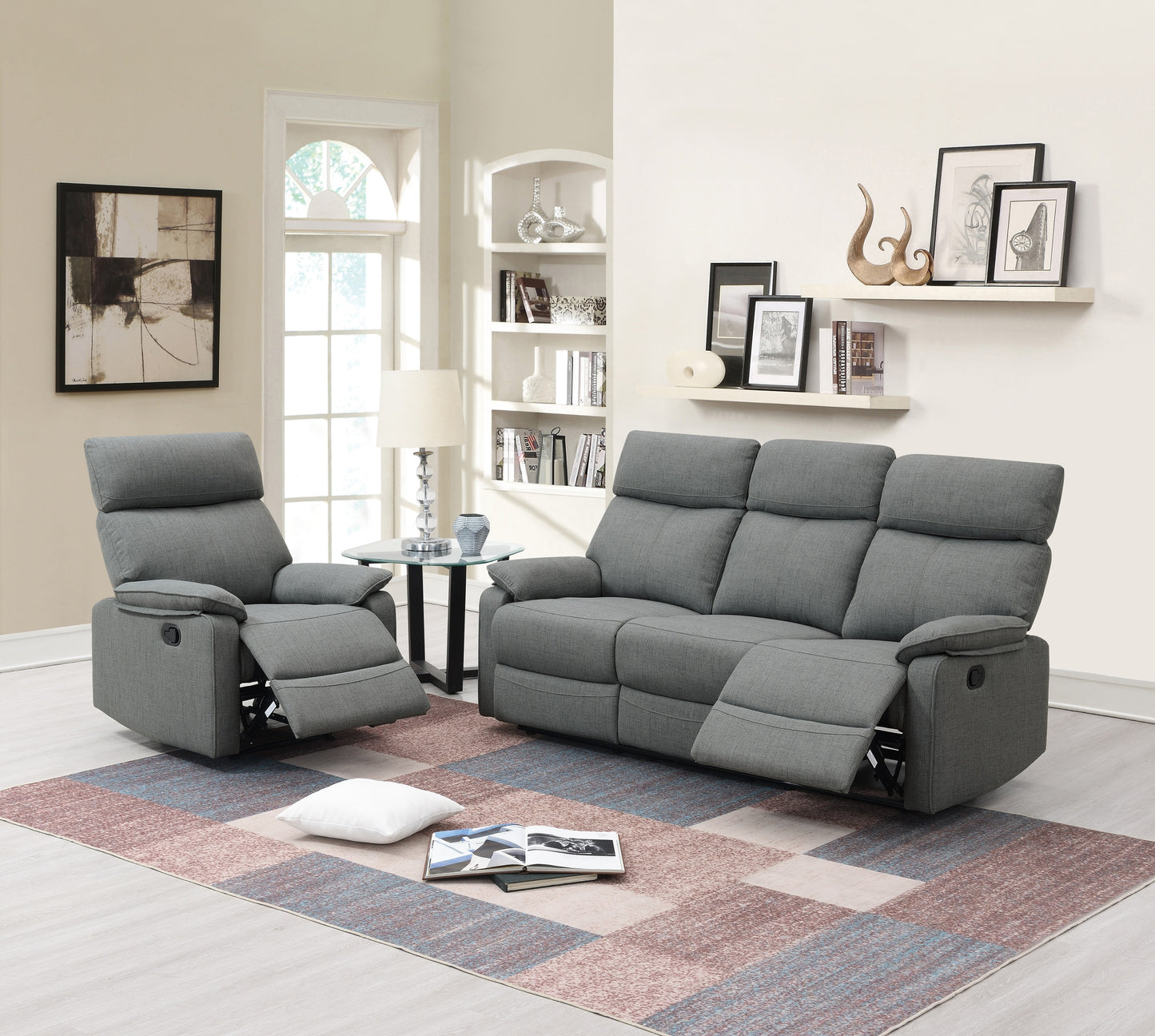 Gray Color Burlap Fabric Recliner Motion Recliner Chair 1pc Couch Manual Motion Living Room Furniture