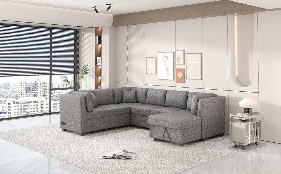 108.6" U-shaped Sectional Sofa Pull out Sofa Bed with Two USB Ports, Two Power Sockets, Three Back Pillows and a Storage Chaise for Living Room, Light Gray