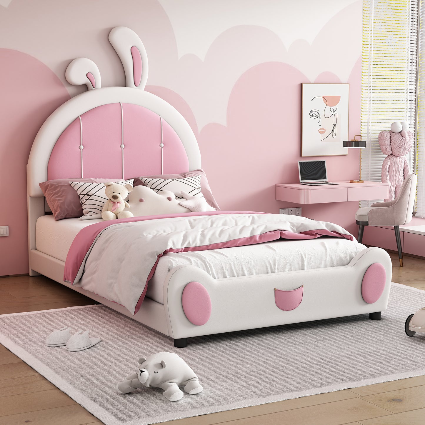 Twin Size Upholstered Platform Bed with Rabbit Shaped Headboard, White