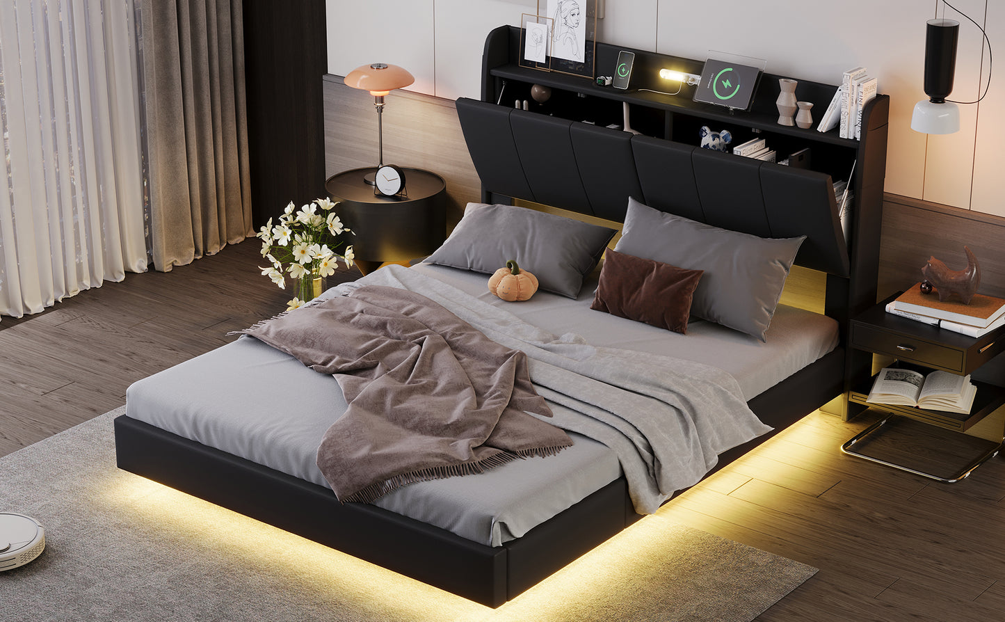 Queen Size Floating Bed Frame with Storage Headboard, Modern Upholstered Platform Bed with Touch Sensor Night Light and USB Charger, Black