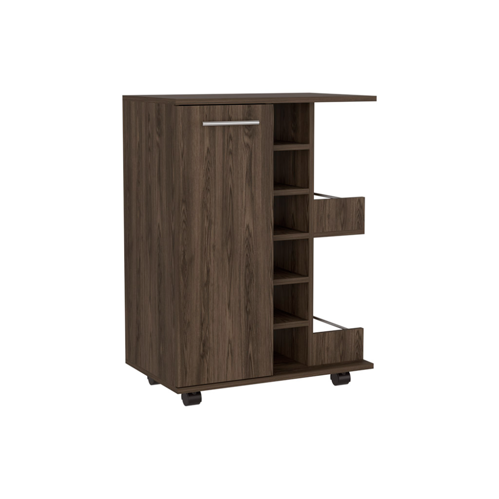 Bar Cart, Four Casters, Single Door Cabinet, Two External Shelves, Dark Walnut