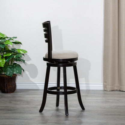 30" Bar Height Slat Back Swivel Stool, Espresso Finish, Beige Fabric Seat