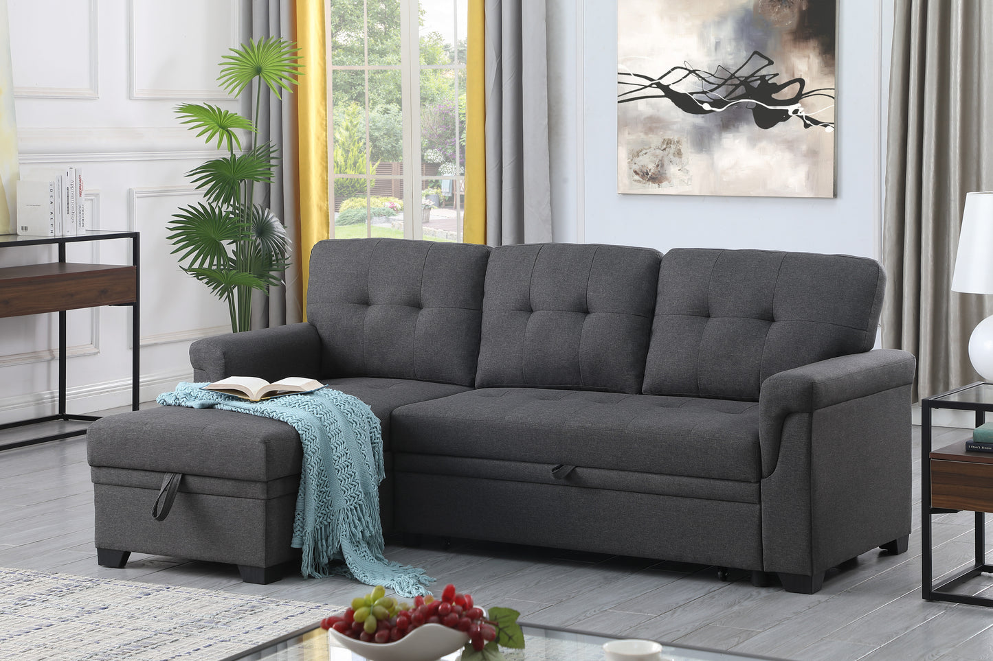 Lucca 84" Dark Gray Linen Reversible Sleeper Sectional Sofa with Storage Chaise