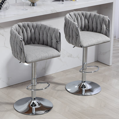 360° Fabric cover Swivel Bar Stools Set of 2, Adjustable Counter Height Bar Chairs with Woven Back & Footrest,Silver chromed  Bar Stools for Kitchen Island, Cafe, Pub (Gray)