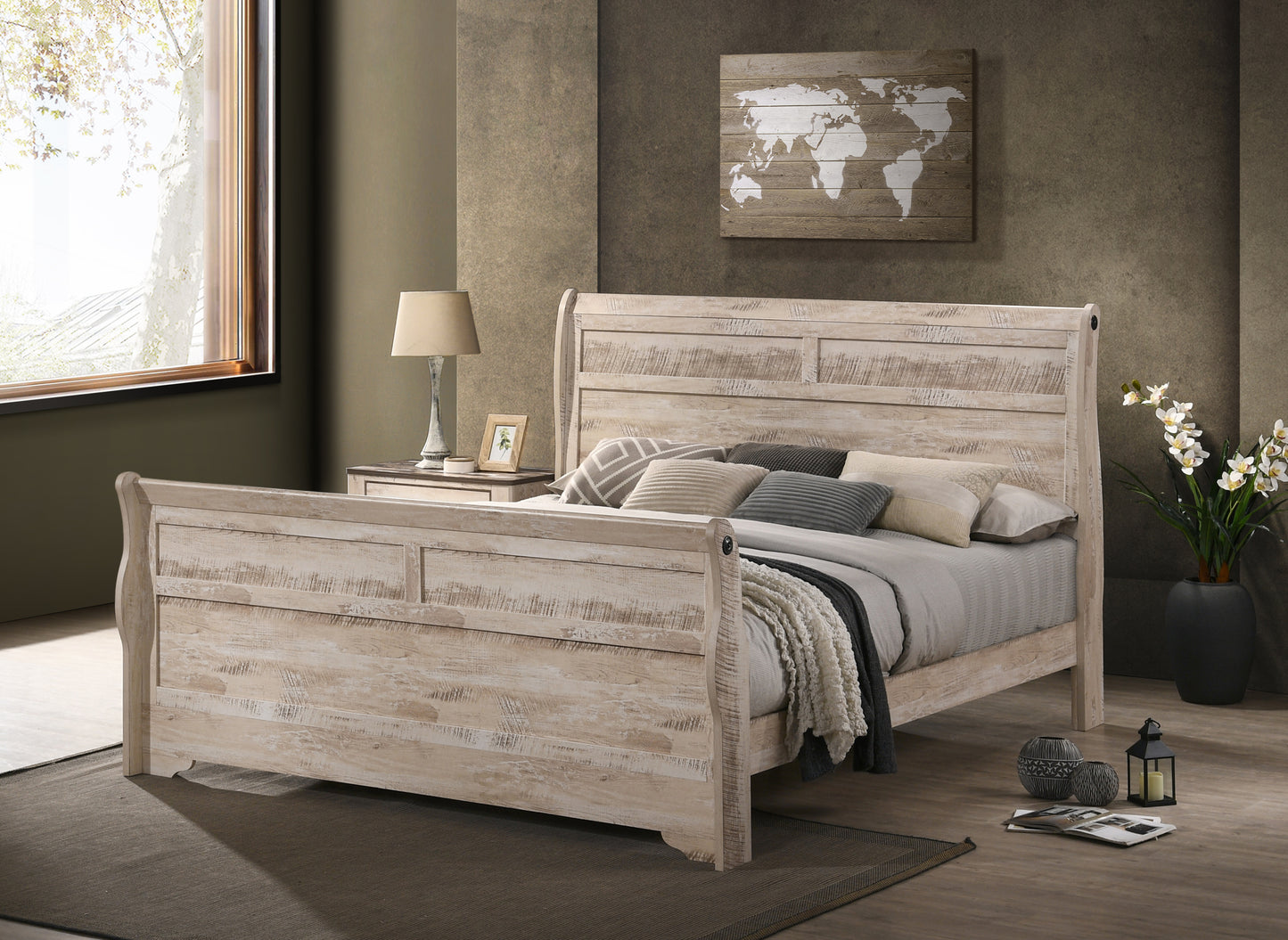 Imerland Contemporary White Wash Finish Bedroom Set with Queen Sleigh Bed, Dresser, Mirror, Nightstand, Chest