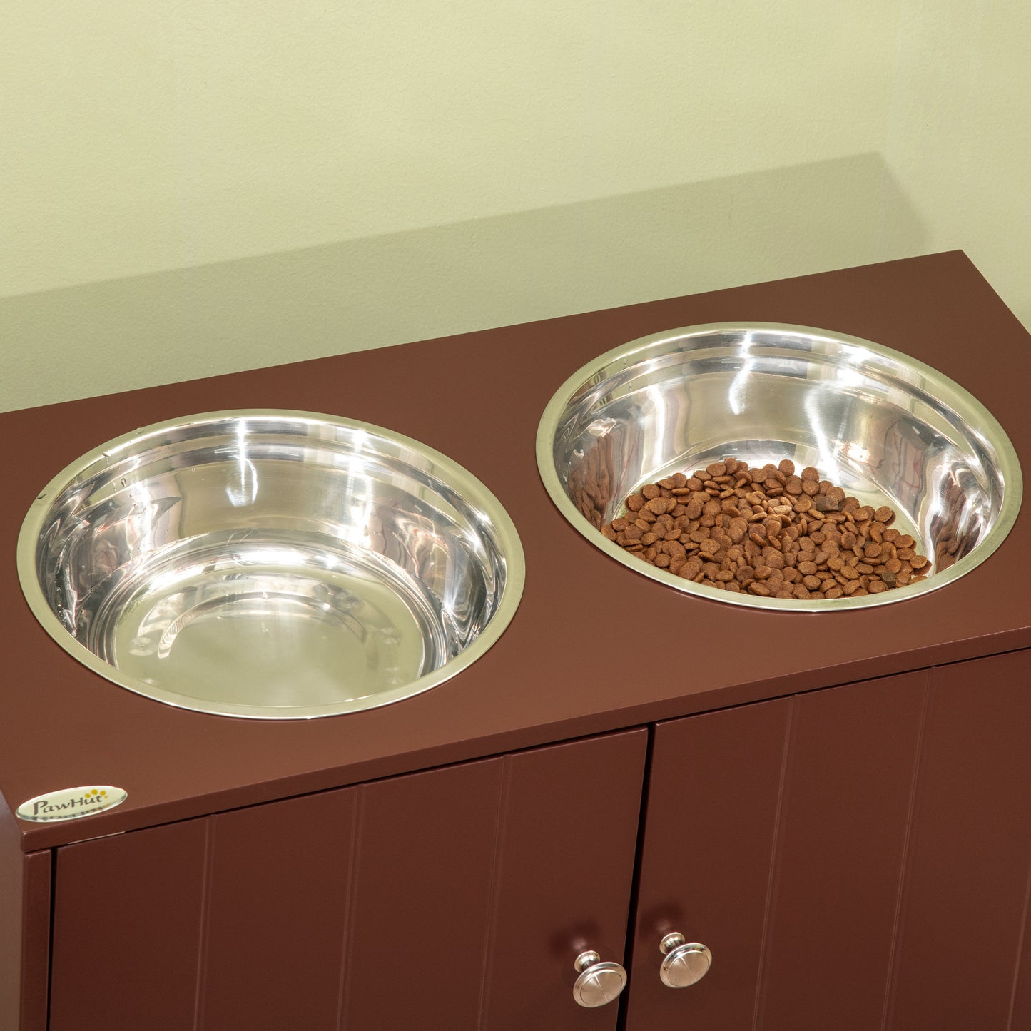 PawHut Large Elevated Dog Bowls with Storage Cabinet Containing Large 44L Capacity, Raised Dog Bowl Stand Pet Food Bowl Dog Feeding Station, Brown