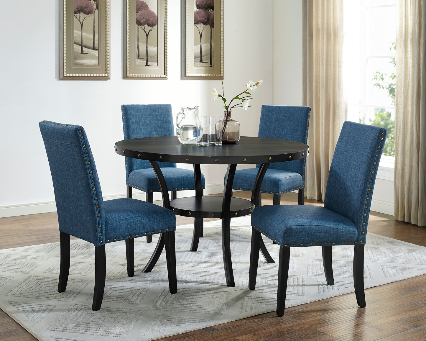 Biony Espresso Wood Dining Set with Blue Fabric Nailhead Chairs
