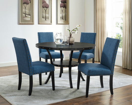 Biony Espresso Wood Dining Set with Blue Fabric Nailhead Chairs