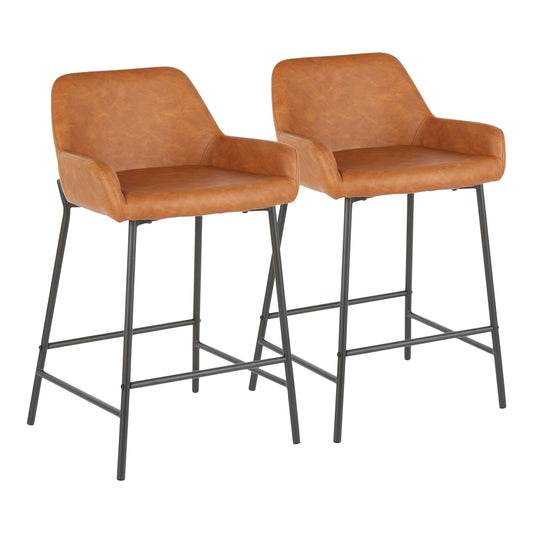Daniella Industrial Counter Stool in Black Metal and Camel Faux Leather by LumiSource - Set of 2