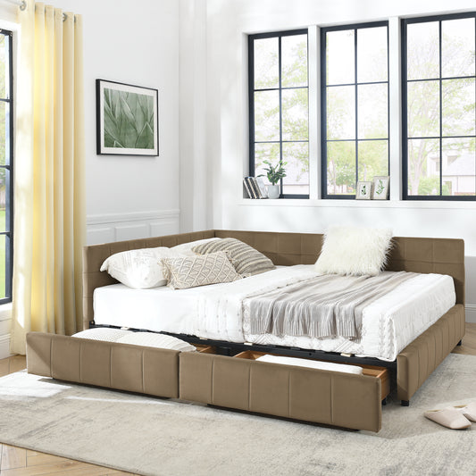 Queen Size Storage Upholstered Tufted Bed Frame, Sofa Bed Frame with Comfortable Backrest and Armrests, Queen Size Bed for Bedroom, Living Room,Velvet, BROWN(85.5''*64.5''*29.5'')